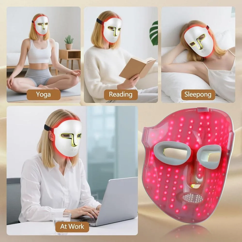 Máscara facial LED con terapia de luz roja, azul e infrarroja para reducción de arrugas, decoloración y tratamiento de acné