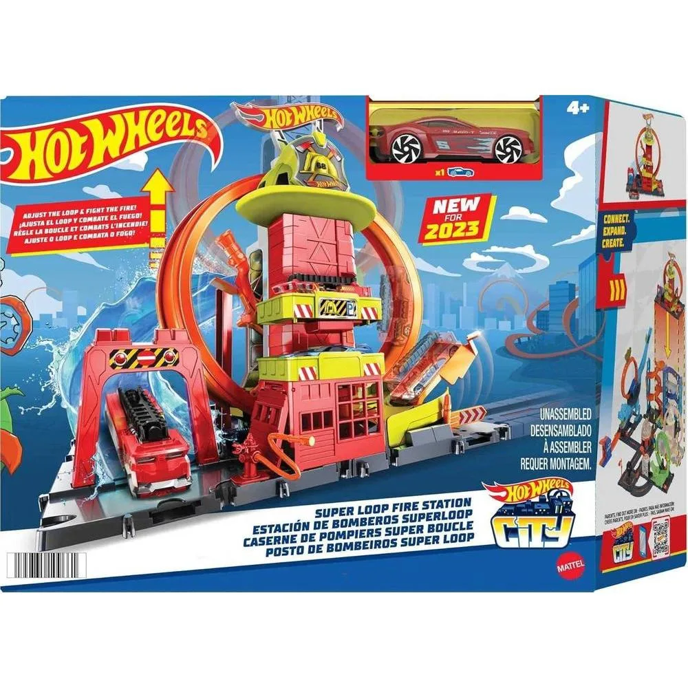 Hot Wheels City con auto de juguete, elevador manual, rampa temática y conexión a otros sets, Estación de Bomberos con super loop