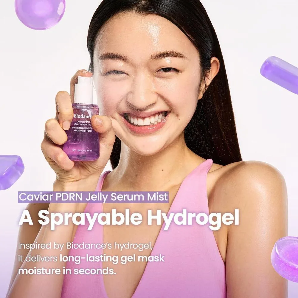 BIODANCE Caviar PDRN Jelly Serum Mist, spray facial hidratante y revitalizante, esencial de viaje para cuidado de la piel