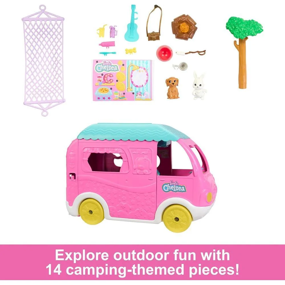Barbie Camper Chelsea Playset 2-en-1 con Muñeca Pequeña, 2 Mascotas y 15 Accesorios - Exclusivo de Amazon