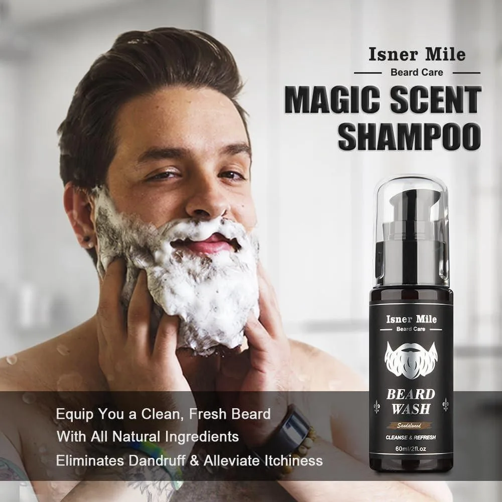 Kit de barba para hombres, incluye champú, aceite de crecimiento, bálsamo, cepillo, peine, tijeras y bolsa