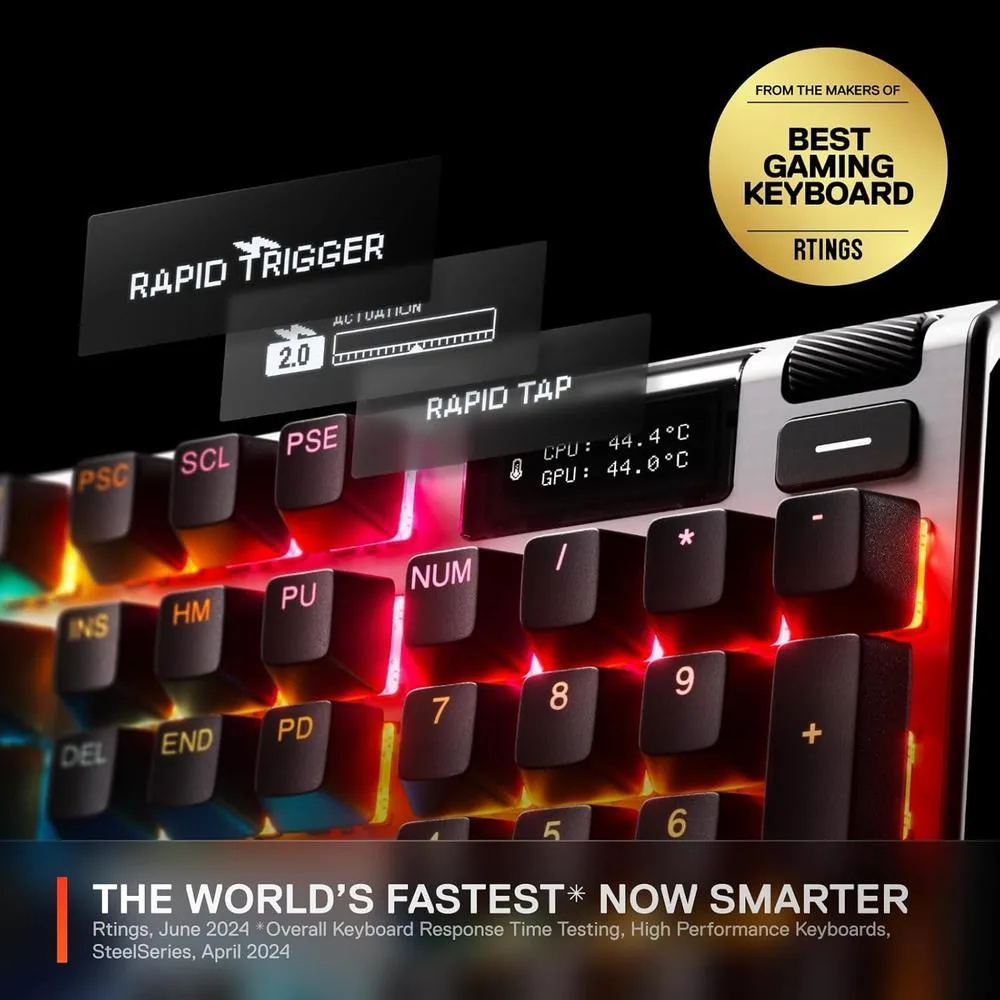 Teclado SteelSeries Apex Pro Gen 3 con interruptores OmniPoint 3.0 y retroiluminación RGB, ofrece rápida actuación ajustable y precisión