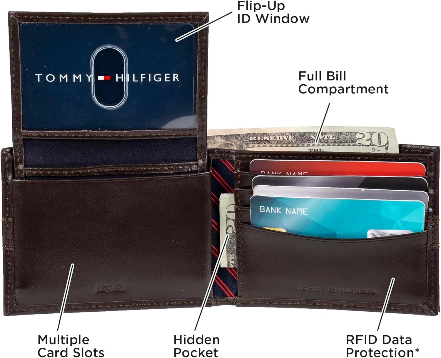 Tommy Hilfiger Men's Leather Wallet – Slim Bifold with 6 Credit Card Pockets and Removable ID Window, Casual Brown, One Size