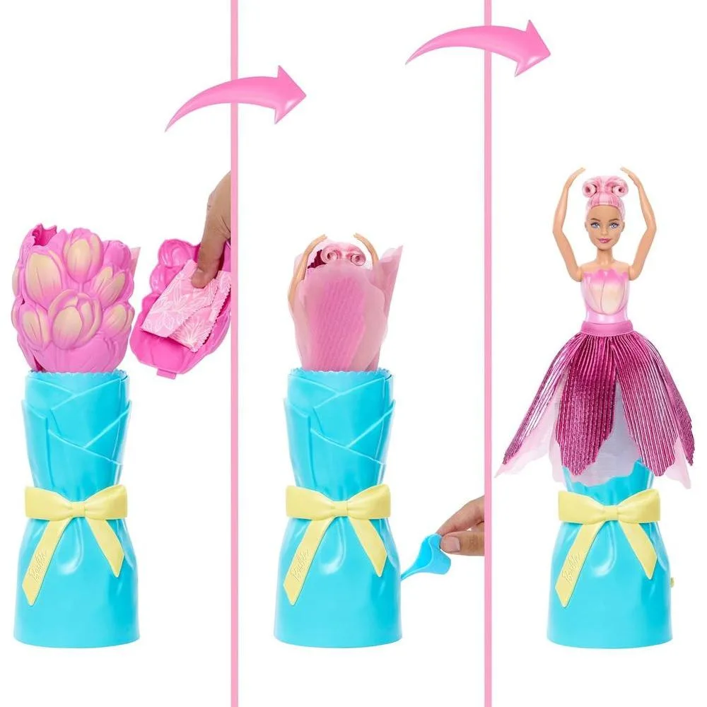 Muñeca Barbie Petal Pop con accesorio sorpresa y fragancia floral, revela bouquet con conejo y más sorpresas