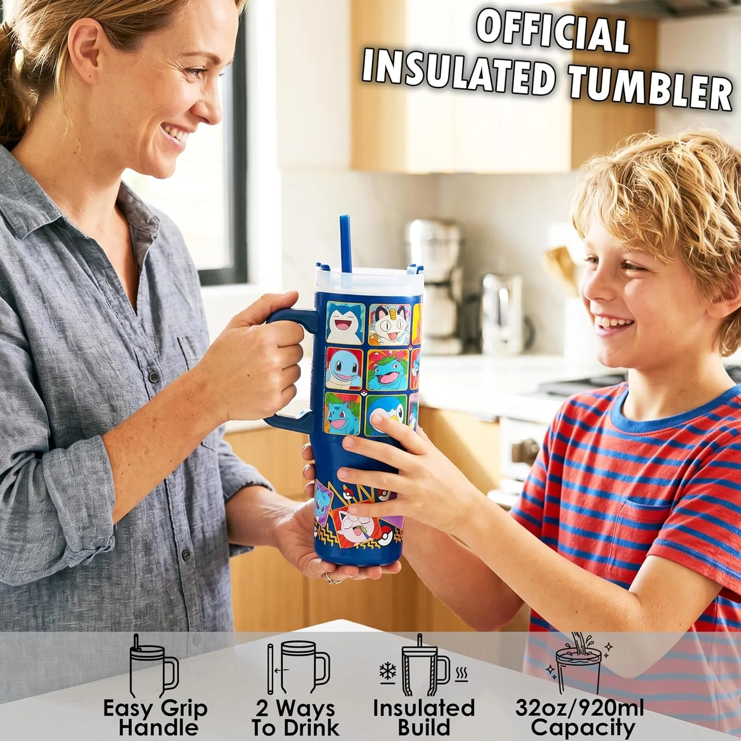 Get Trend Vaso Térmico Pokémon 32 oz con Asa y Cañita - Acero Inoxidable