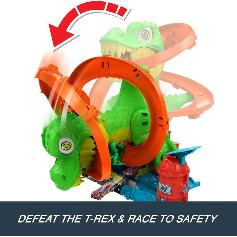 Hot Wheels Toy Car Track Set, City T-Rex Blaze Battle Playset & 1:64 Scale Die-Cast Vehicle with Spinning Dinosaur Eyes
