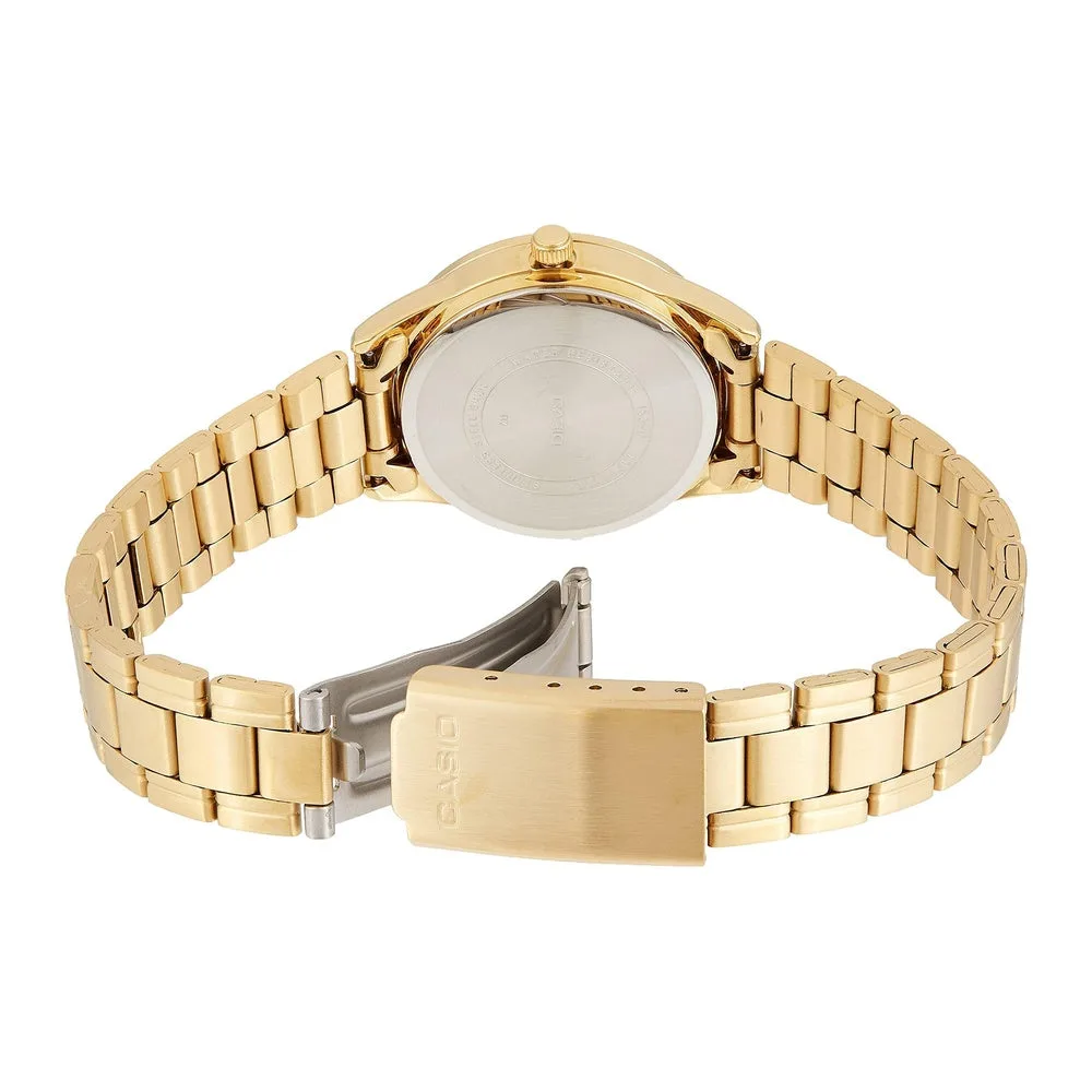 Reloj analógico Casio para mujer, diseño dorado en acero inoxidable con precisión y estilo