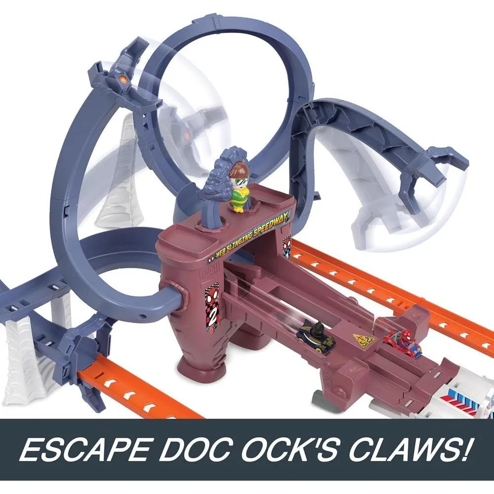 Pista Hot Wheels RacerVerse Spider-Man Web-Slinging Speedway con autos de Spider-Man y Black Panther. Carrera contra Doc Ock