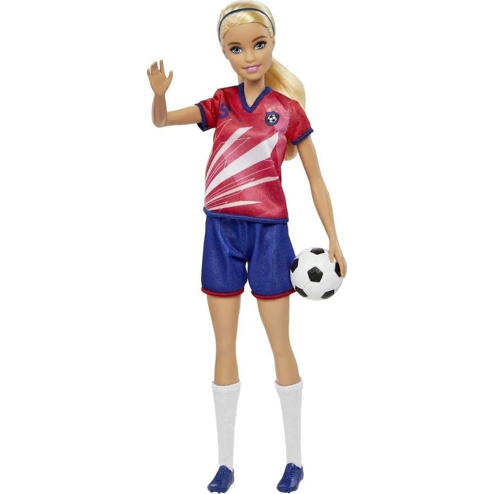 Barbie Muñeca Futbolista con Cola de Caballo Rubia, Uniforme #9, Calcetas Altas, Tacos y Balón