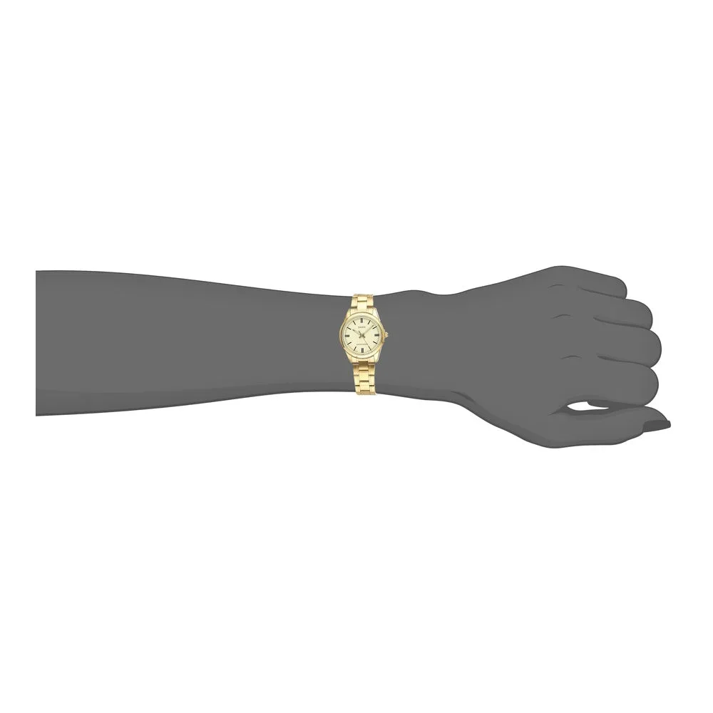 Reloj analógico Casio para mujer, diseño dorado en acero inoxidable con precisión y estilo