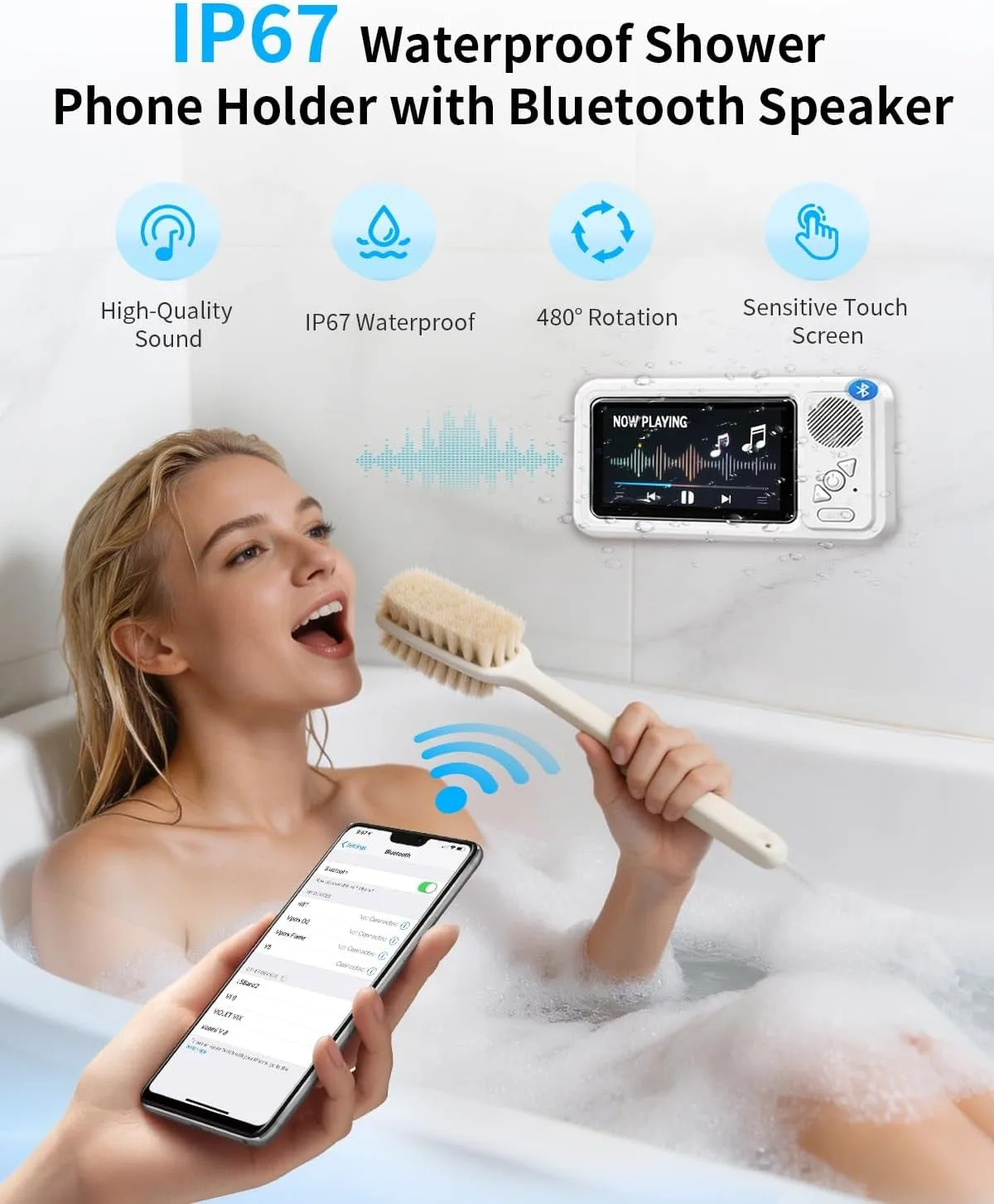 Waterproof Shower Phone Holder for iPhone, Bathroom Fan with Speaker