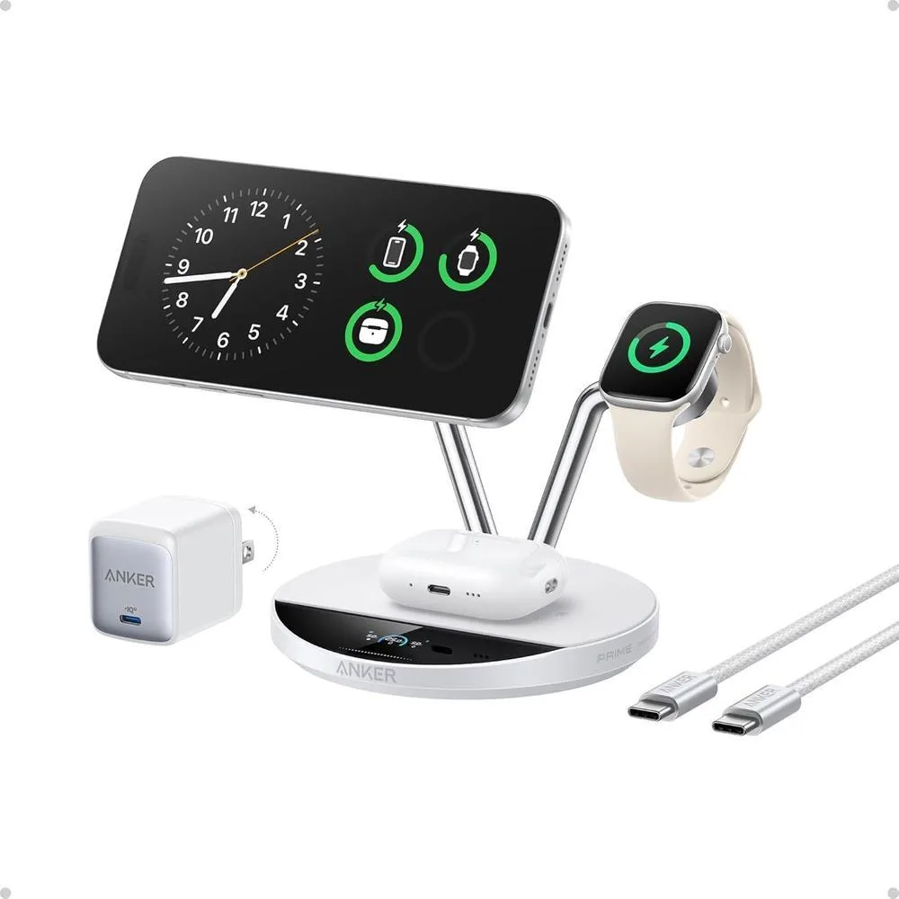 Estación de carga inalámbrica Anker Prime 3 en 1 Qi2.2 MagSafe 25W con pantalla inteligente