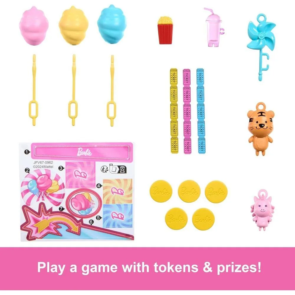 Barbie Mysteries: Muñeca Malibu y Set de Cabina de Juegos de Algodón de Azúcar con 20 Accesorios