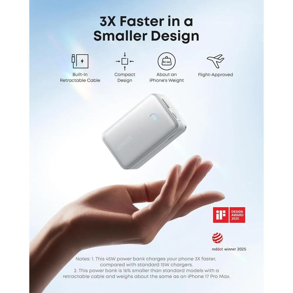 Cargador Portátil Anker Nano, Banco de Energía Compacto de 10,000mAh 45W, Paquete de Batería Esencial para Teléfono con Cable Retráctil InstaCord