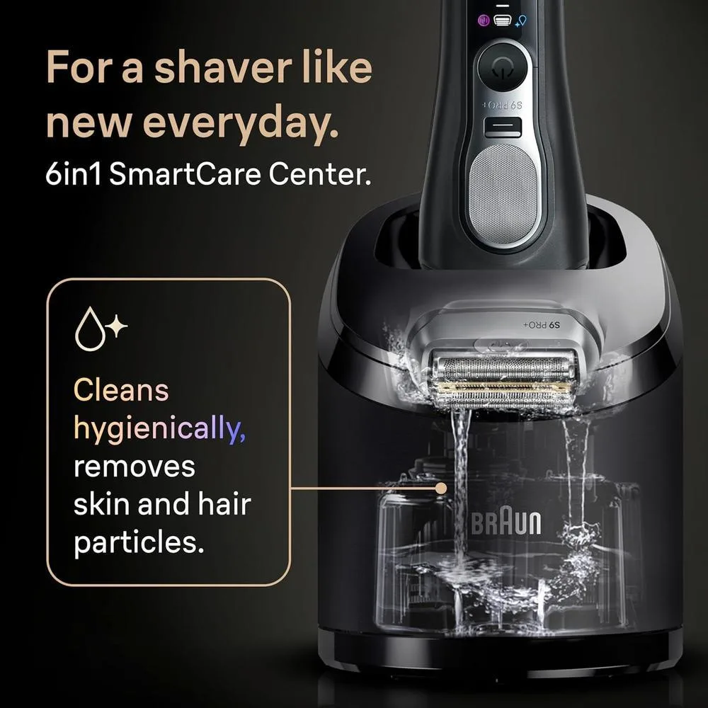 Afeitadora eléctrica Braun Series 9 PRO+ con Pro SensoAdapt, centro SmartCare 6 en 1 para uso húmedo y seco, color negro
