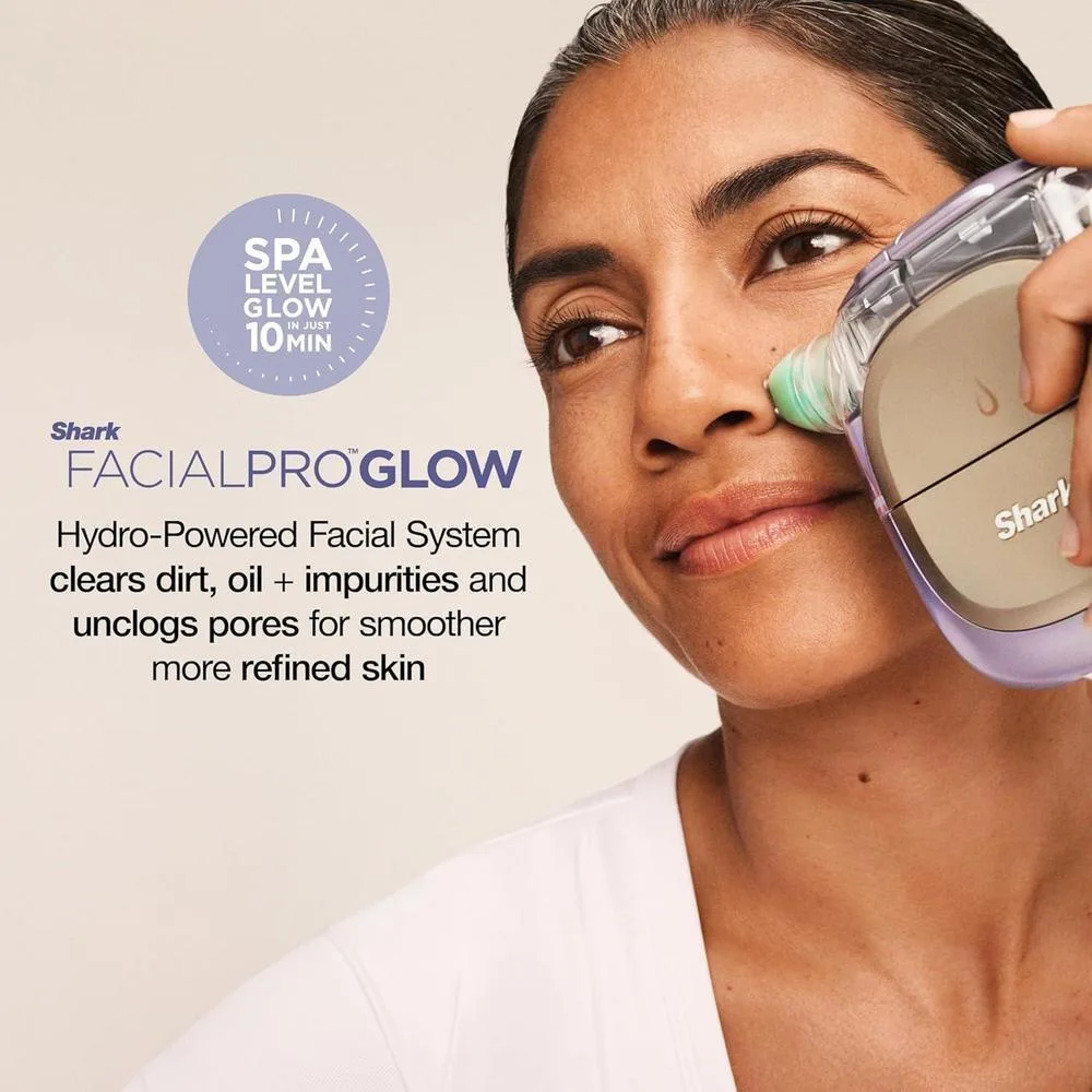 Shark FacialPro Glow Sistema facial hidroalimentado con terapia DePuffi de calor y frío para cuidado profesional de la piel