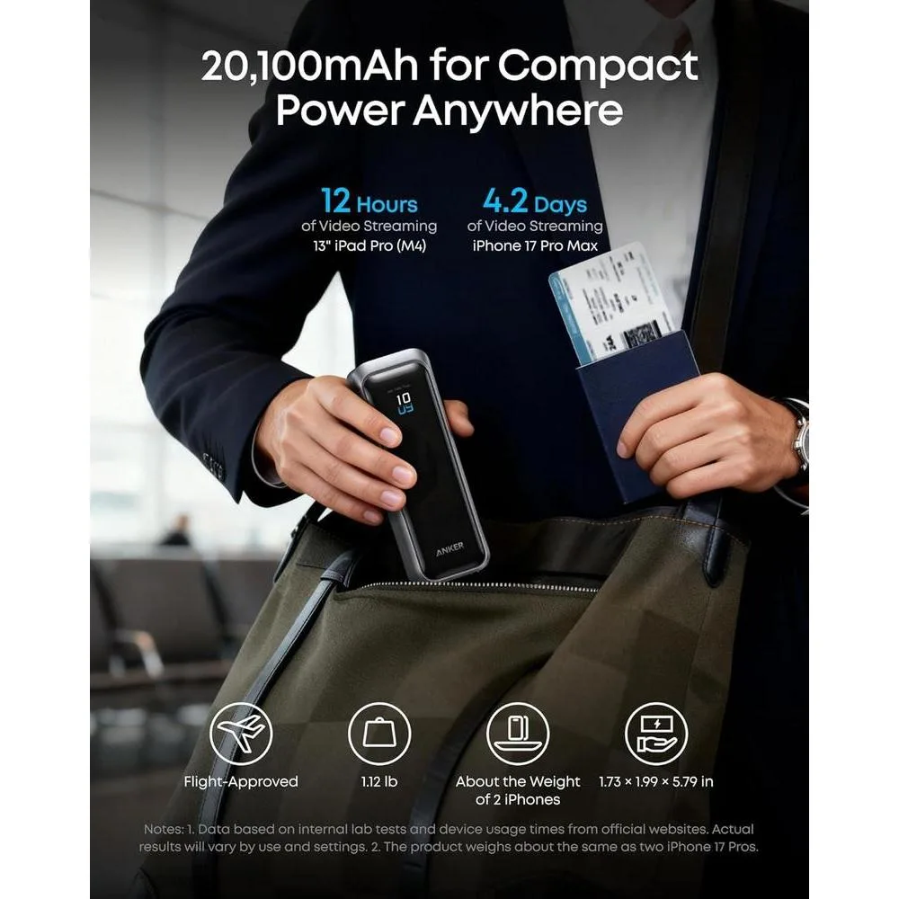 Anker Prime Power Bank con 3 puertos, 220W de salida, carga bidireccional, TSA aprobado, control de app - para MacBook, iPhone y más