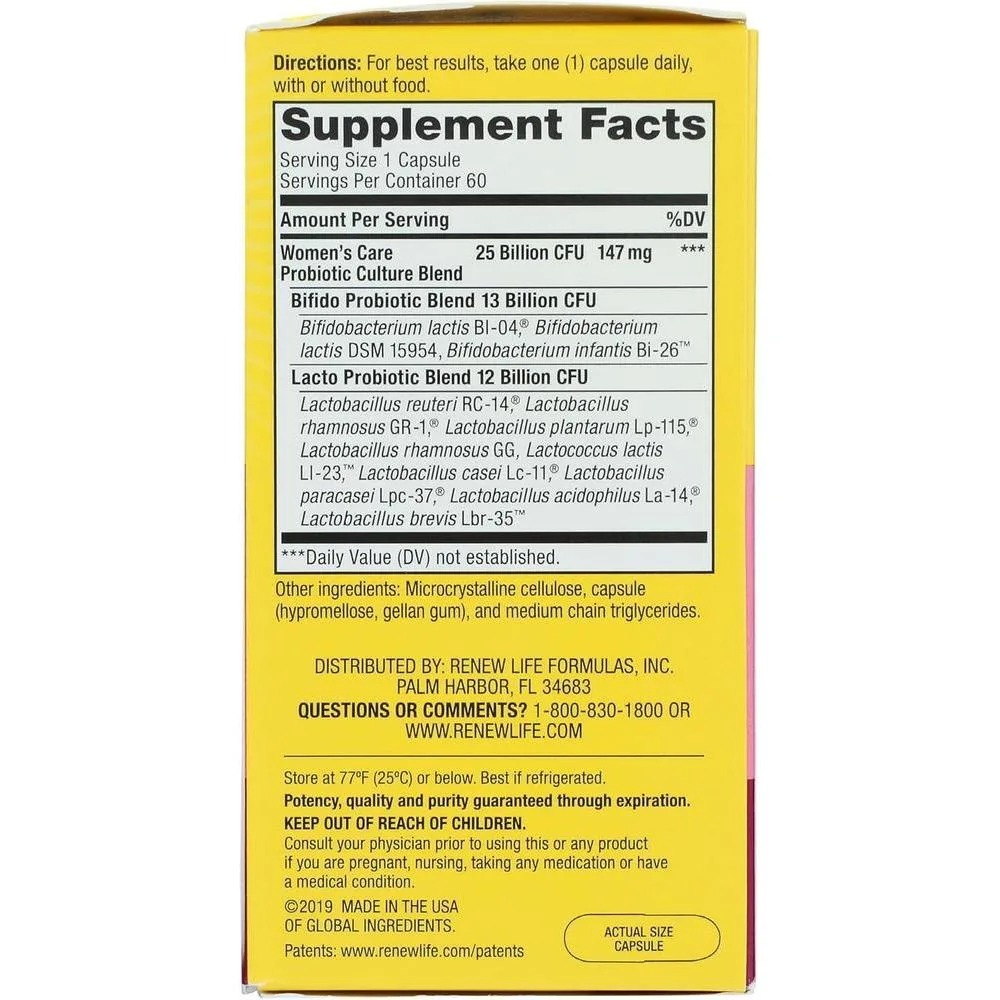 Renew Life Cápsulas de Probióticos para Mujeres con L. Rhamnosus GG, Salud Digestiva e Inmune, Sin Lácteos, Soja ni Gluten
