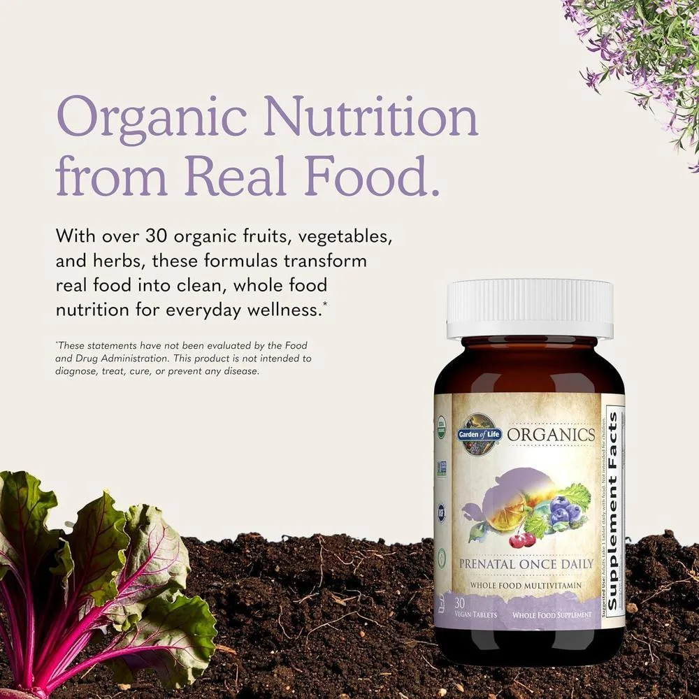 Garden of Life Organics Vitamina prenatal con ácido fólico, hierro, vitamina C, B6, B12, D3 orgánico y vegano