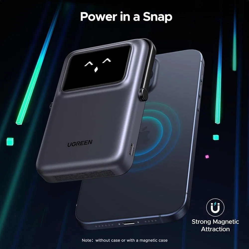 UGREEN Uno - Cargador portátil magnético de alta capacidad con carga inalámbrica y cable, compatible con iPhone y dispositivos USB-C