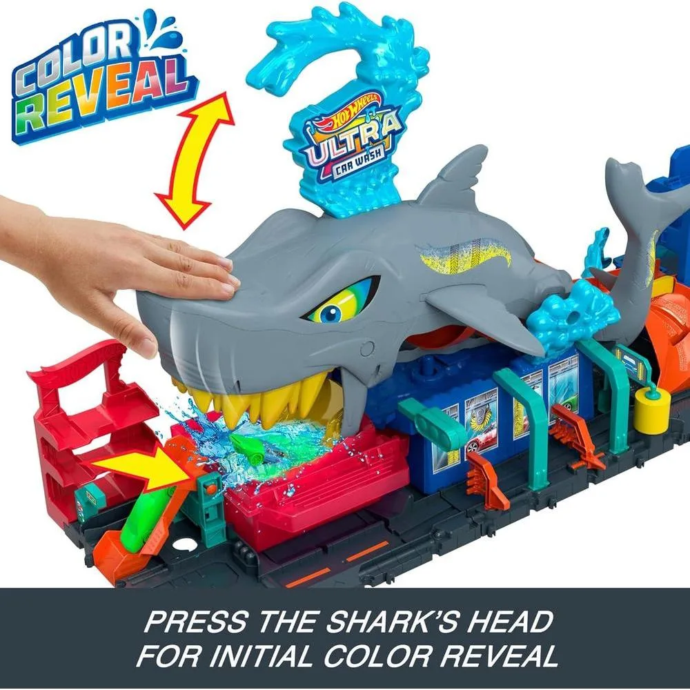 Set de pista Hot Wheels City con lavado de autos Shark Ultra, vehículo a escala 1:64 color cambiante y almacenamiento