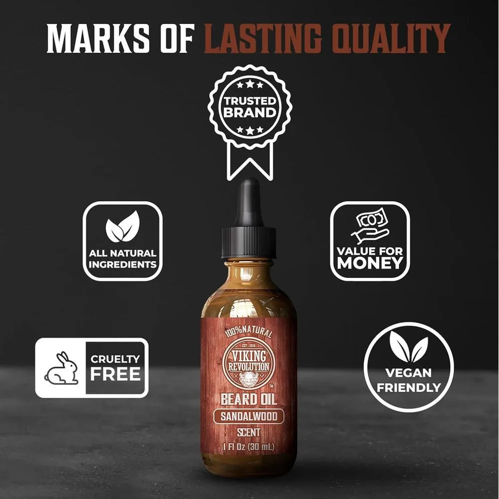 Aceite de barba para hombres con argán y jojoba Viking Revolution, suavizante, hidratante y acondicionador, aroma a sándalo