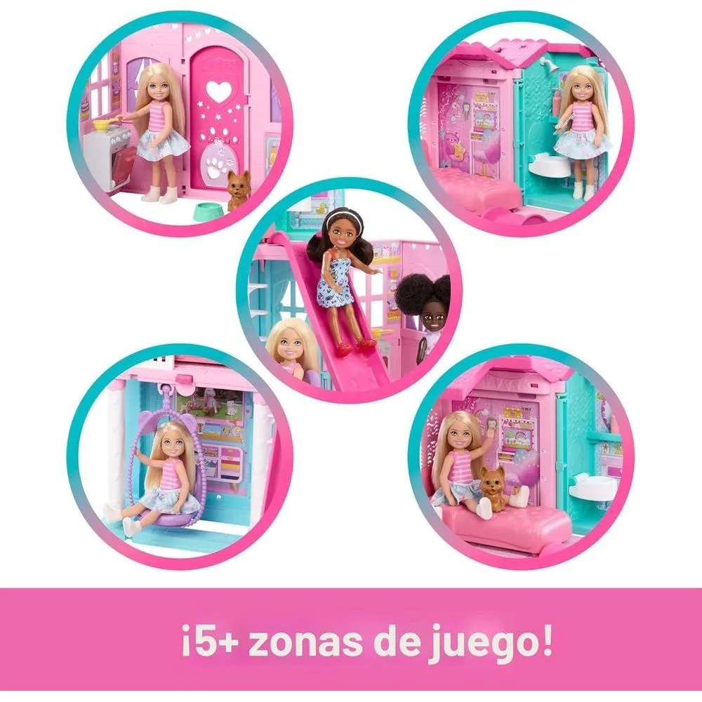 Barbie Chelsea Toy Dollhouse con 15+ accesorios, casa pop-up con 5 áreas de juego y tobogán, incluye muñeca y perro mascota