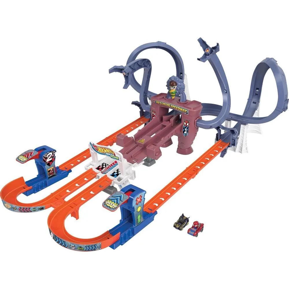 Pista Hot Wheels RacerVerse Spider-Man Web-Slinging Speedway con autos de Spider-Man y Black Panther. Carrera contra Doc Ock
