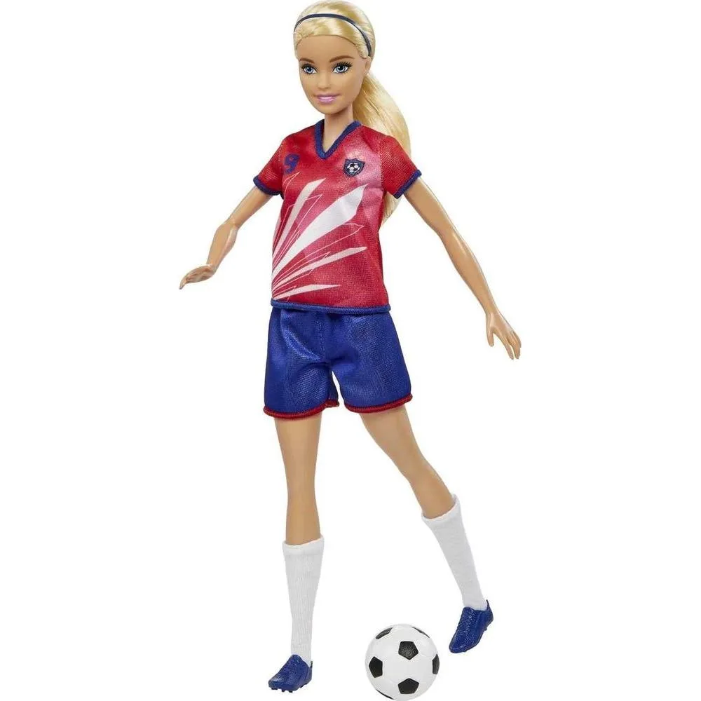Barbie Muñeca Futbolista con Cola de Caballo Rubia, Uniforme #9, Calcetas Altas, Tacos y Balón