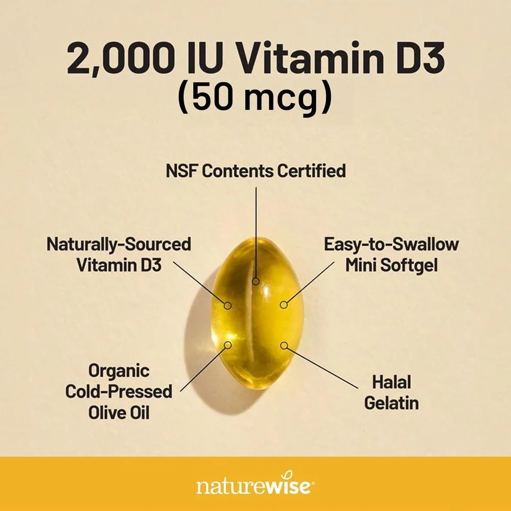 Cápsulas de gel de vitamina D3 de NatureWise, 2000iu para apoyar el sistema inmunológico y la salud ósea y muscular