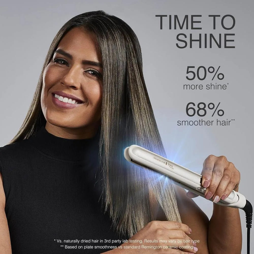 Plancha Remington Shine Therapy infundida con aceite de argán y queratina para un acabado profesional y sin encrespamientos