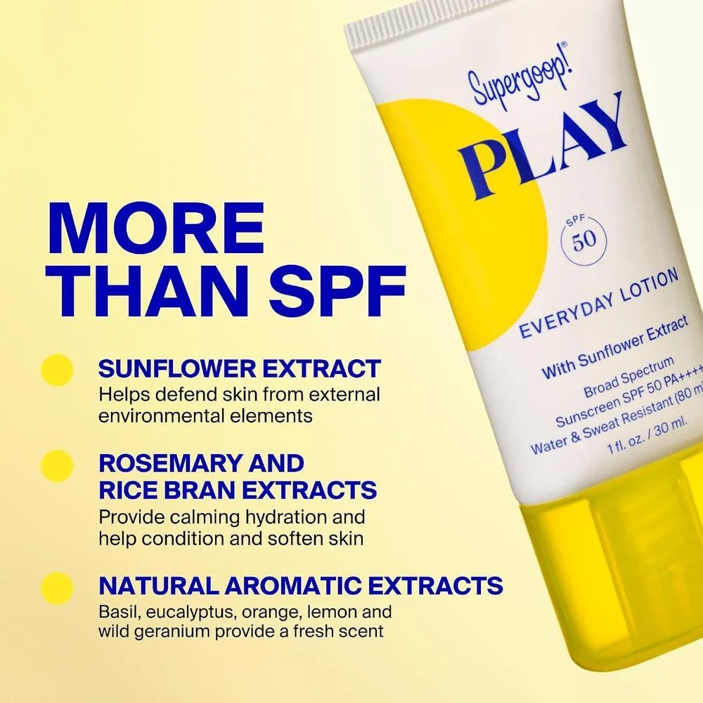Supergoop! PLAY Everyday Lotion SPF 50 para cuerpo y rostro, ideal para días activos, rápida absorción, resistente al agua