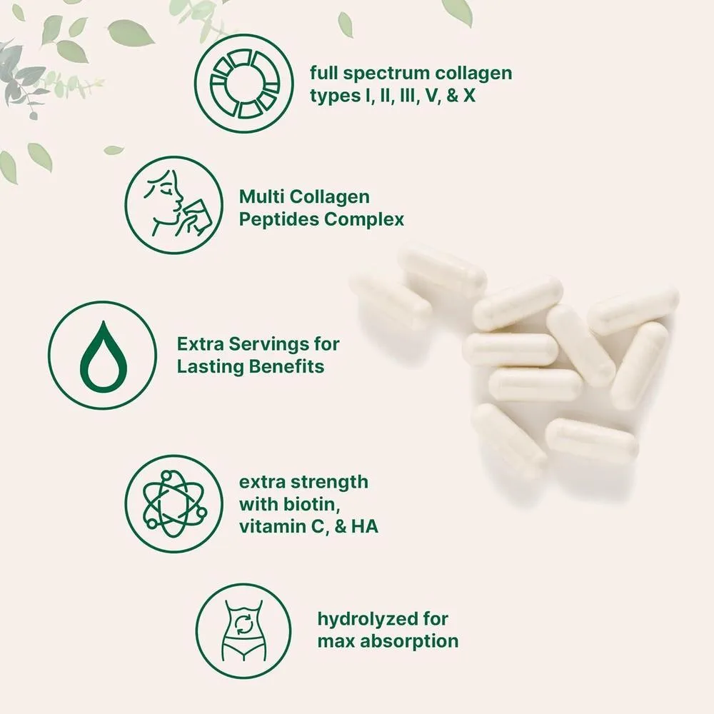 Píldoras de colágeno múltiple con biotina, ácido hialurónico y complejo de vitamina C. Sin OMG ni rellenos. 240 cápsulas