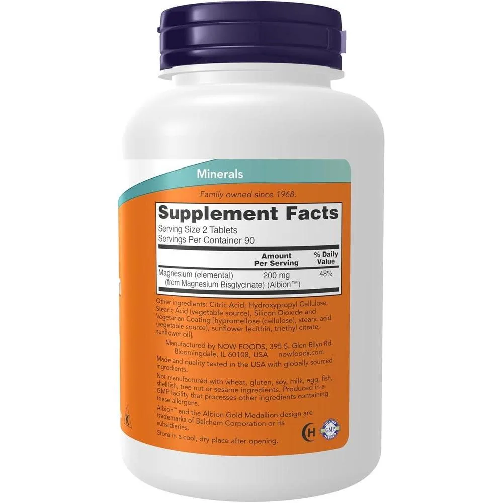 Suplemento de Magnesio Glicinato NOW Foods, Fórmula Altamente Absorbible, 180 Tabletas para Salud Muscular y Nerviosa