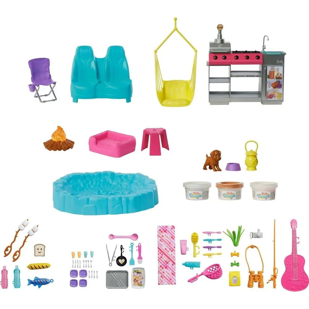 Barbie Dream Camper con carpa en el techo, silla columpio, estanque, parrilla con cambio de color y más de 60 accesorios