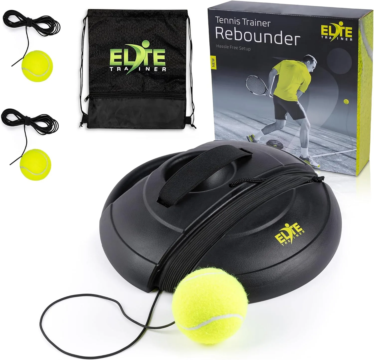 Elite Trainer Tennis Rebound Ball Set | Solo Practice Rebounder, No Filling Required, Heavy Duty Power Base | 3 Balls with String, Drawstring Bag | Training Equipment for Any Skill Level