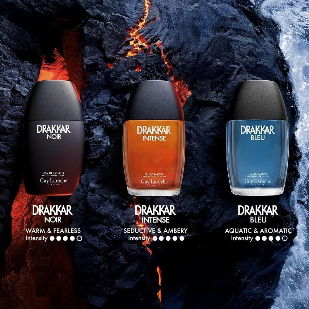 Drakkar Noir de Guy Laroche, fragancia intensa para hombres. Eau de Toilette con especias aromáticas y larga duración