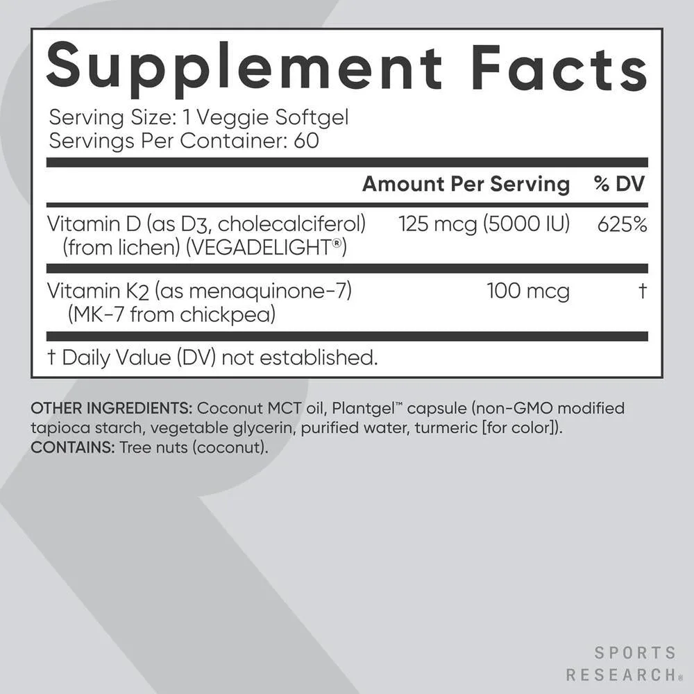 Vitaminas D3 y K2 con aceite de coco, soporte óseo e inmune, certificadas veganas, sin OGM ni soja, 60 cápsulas blandas