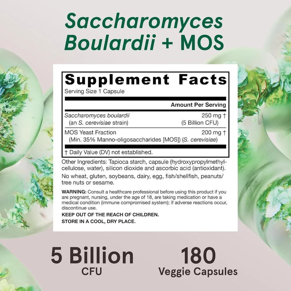 Jarrow Formulas Saccharomyces Boulardii + MOS Probiotics, Apoyo Digestivo e Intestinal, 5B CFU, 180 Cápsulas, Vegano