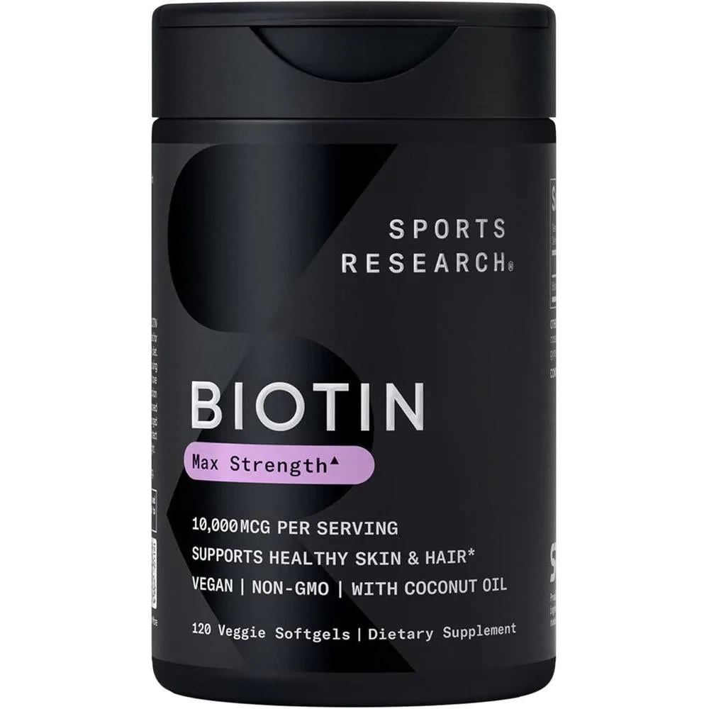 Vitamina Biotina 10000 mcg Sports Research con Aceite de Coco 120 Cápsulas