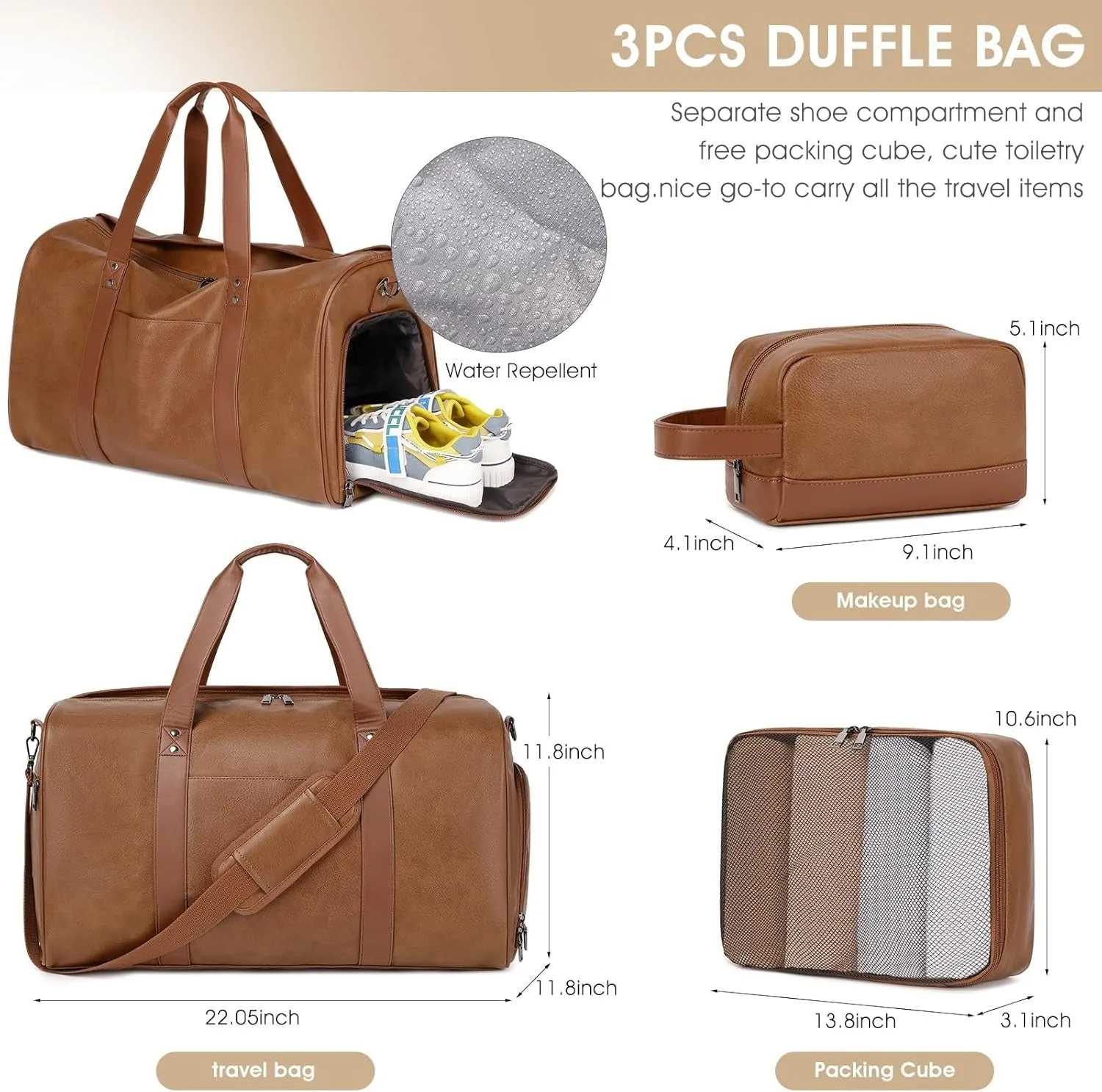 Wogarl 3PCS Faux Leather Weekender Bag for Women Men Travel Bag