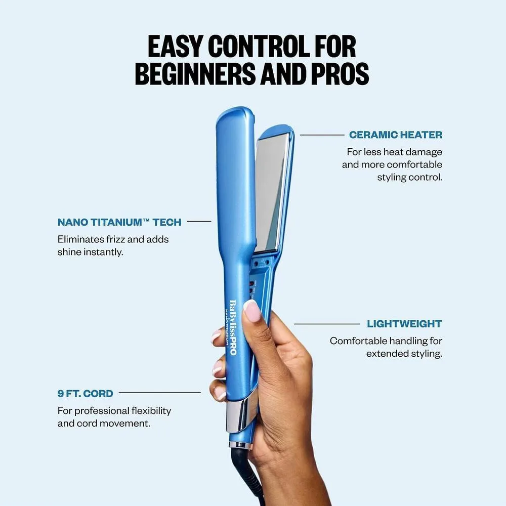 BaBylissPRO Nano Titanium Ultra-Sleek Hair Straightener con placas de titanio y pantalla LED ajustable