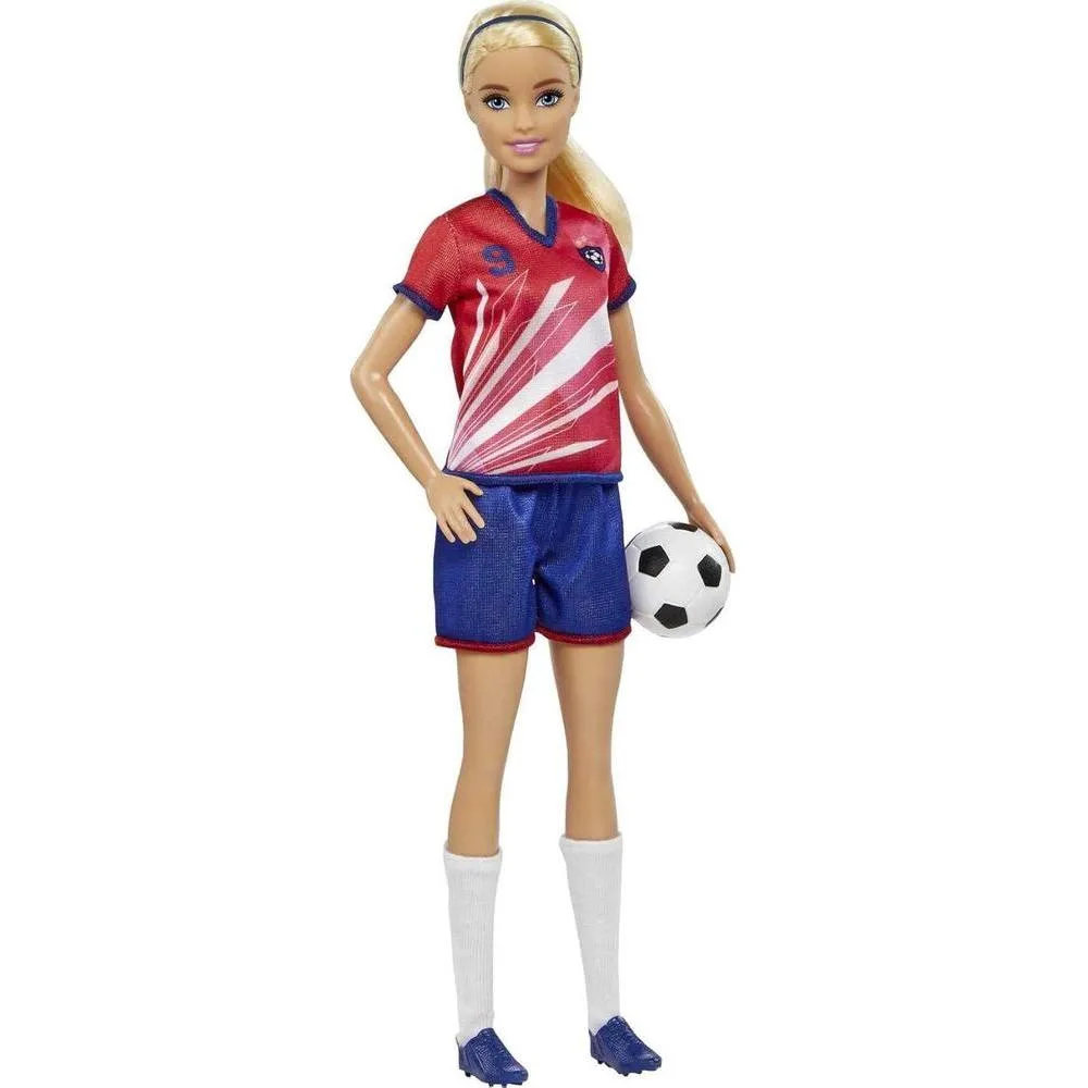 Barbie Muñeca Futbolista con Cola de Caballo Rubia, Uniforme #9, Calcetas Altas, Tacos y Balón