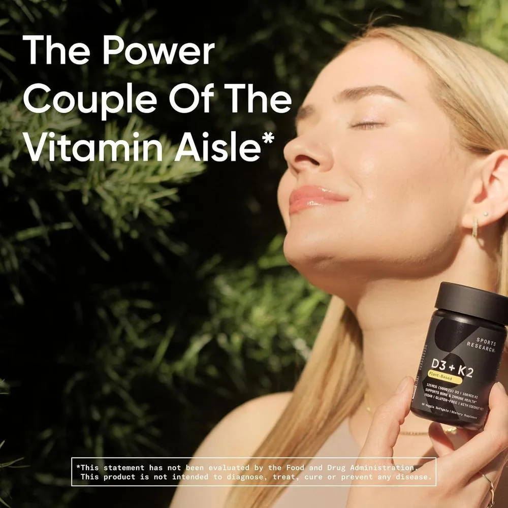 Vitaminas D3 y K2 con aceite de coco, soporte óseo e inmune, certificadas veganas, sin OGM ni soja, 60 cápsulas blandas