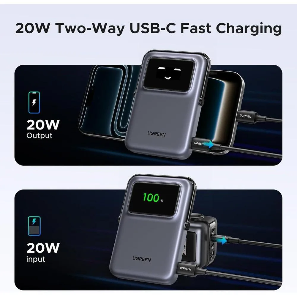 UGREEN Uno - Cargador portátil magnético de alta capacidad con carga inalámbrica y cable, compatible con iPhone y dispositivos USB-C