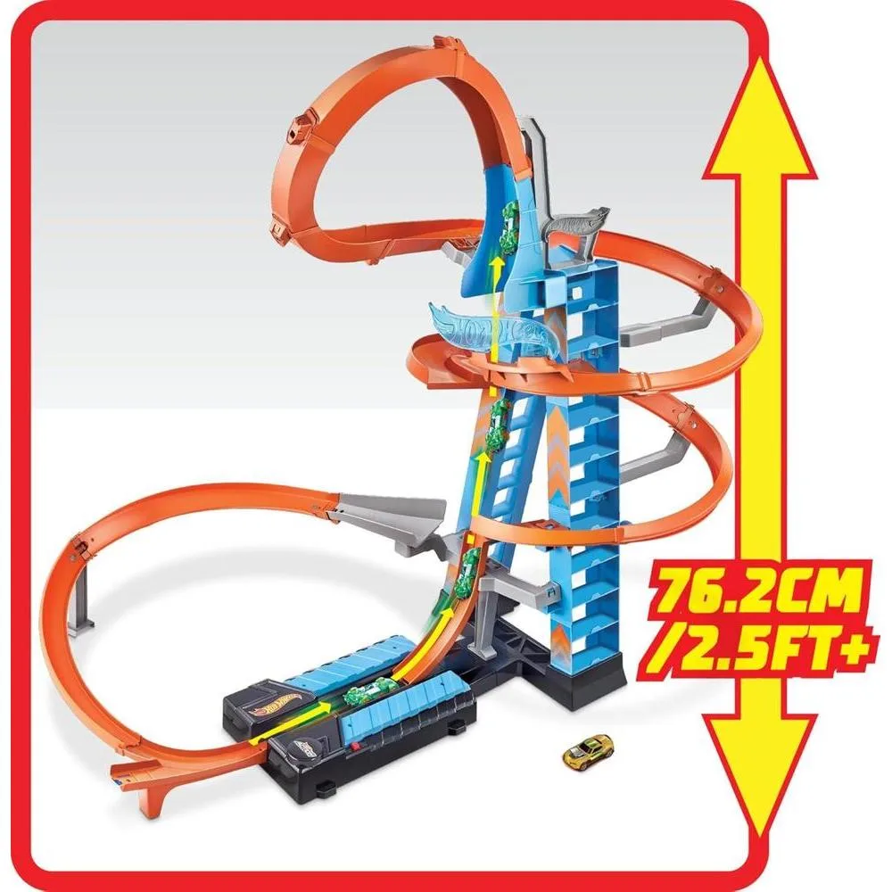 Hot Wheels Sky Crash Tower Track Set con Booster Motorizado y Vehículo para Carreras de Múltiples Coches