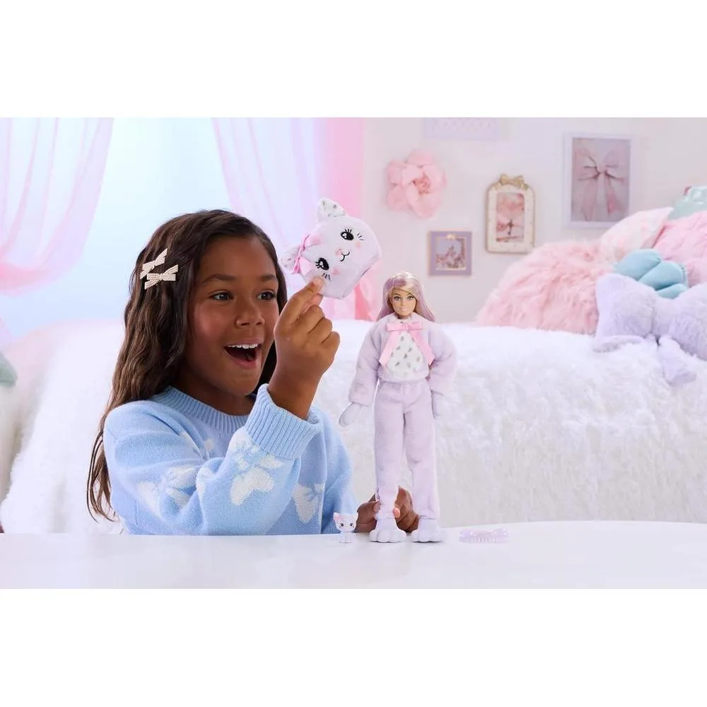 Barbie Cutie Reveal, muñeca y accesorios con gatito, 10 sorpresas, cambio de color y mini mascota incluida