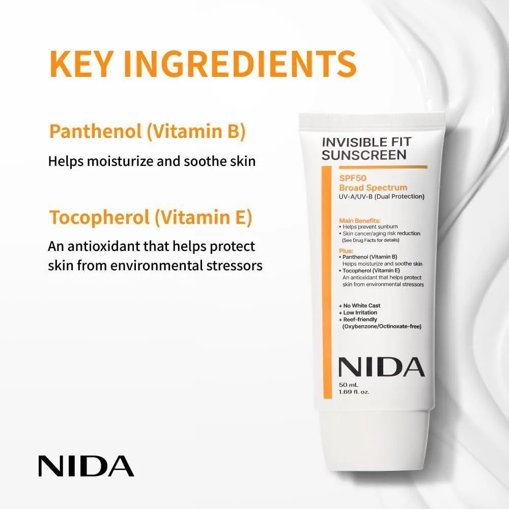 NIDA Invisible Fit Protector solar SPF 50, amplio espectro UV-A/UV-B, sin manchas blancas, ligeroy adecuado para todo tipo de piel