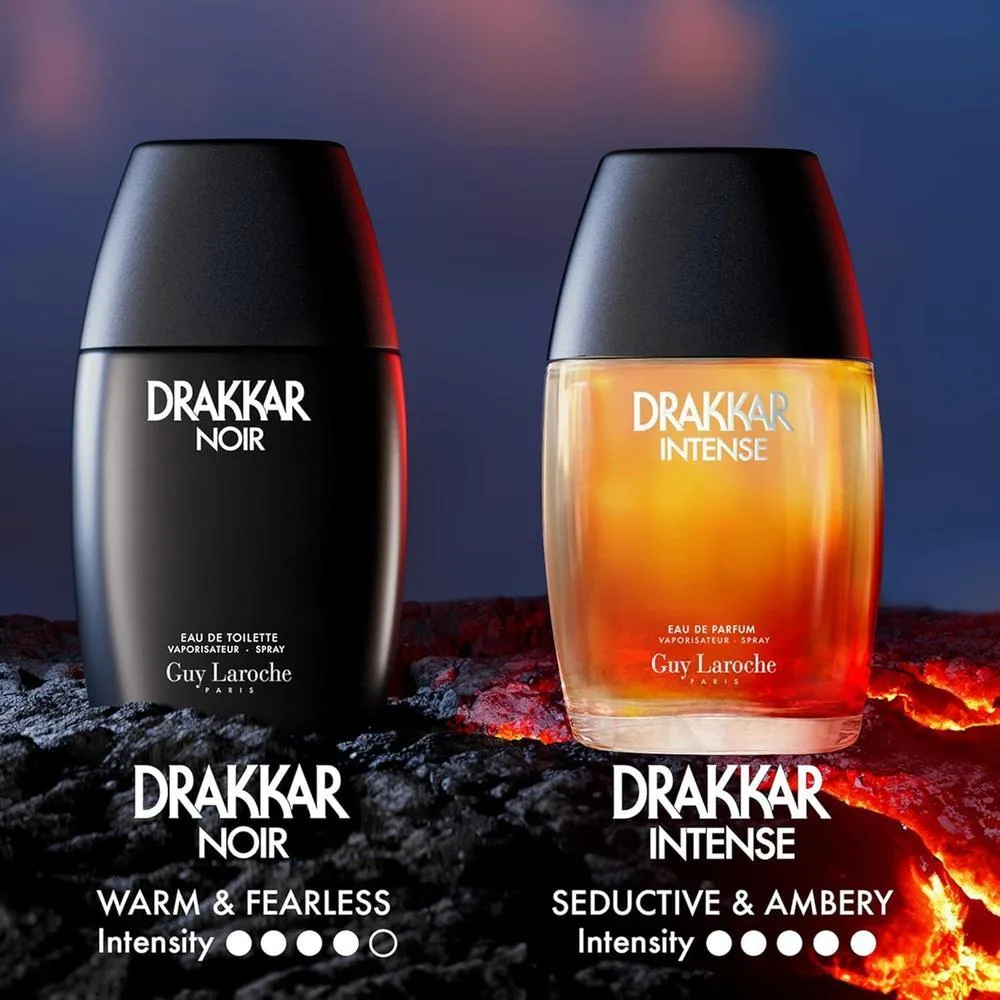 Drakkar Noir de Guy Laroche, fragancia intensa para hombres. Eau de Toilette con especias aromáticas y larga duración