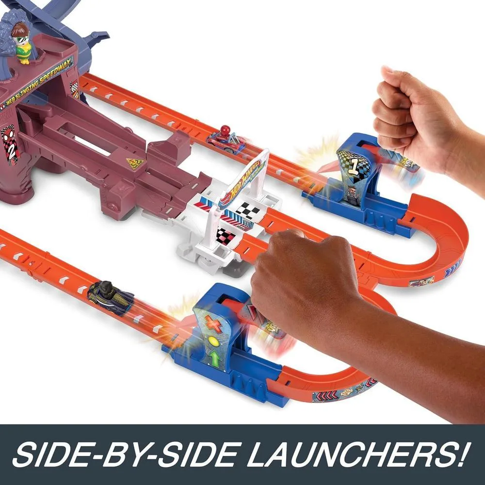 Pista Hot Wheels RacerVerse Spider-Man Web-Slinging Speedway con autos de Spider-Man y Black Panther. Carrera contra Doc Ock